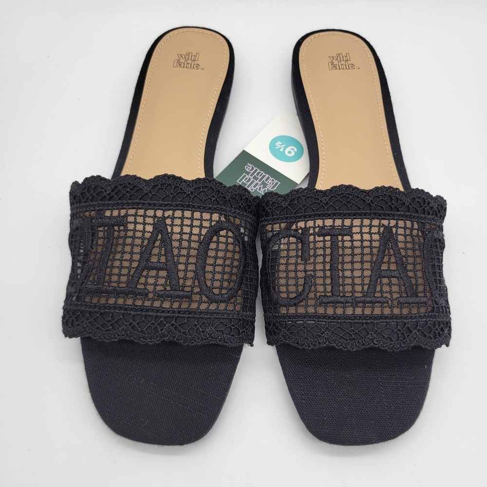 NEW Wild Fable Black Crochet Lace Ciao Slide Sandals Womens 9.5 Flat Slip On